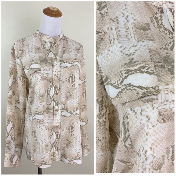 EQUIPMENT White Cream Beige Taupe Python/Animal Print Logo Button Shirt - Picture 1 of 10